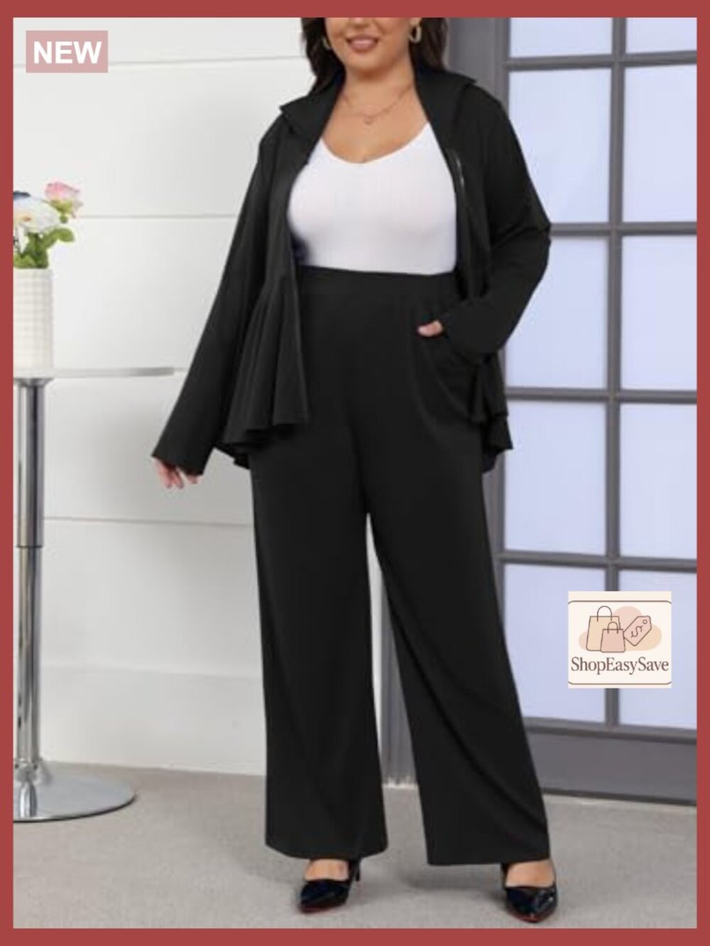 Two Piece Long Sleeve Zip Up Peplum Jacket Wide Leg Pant Suit Set Dressy - Picture 6 of 7